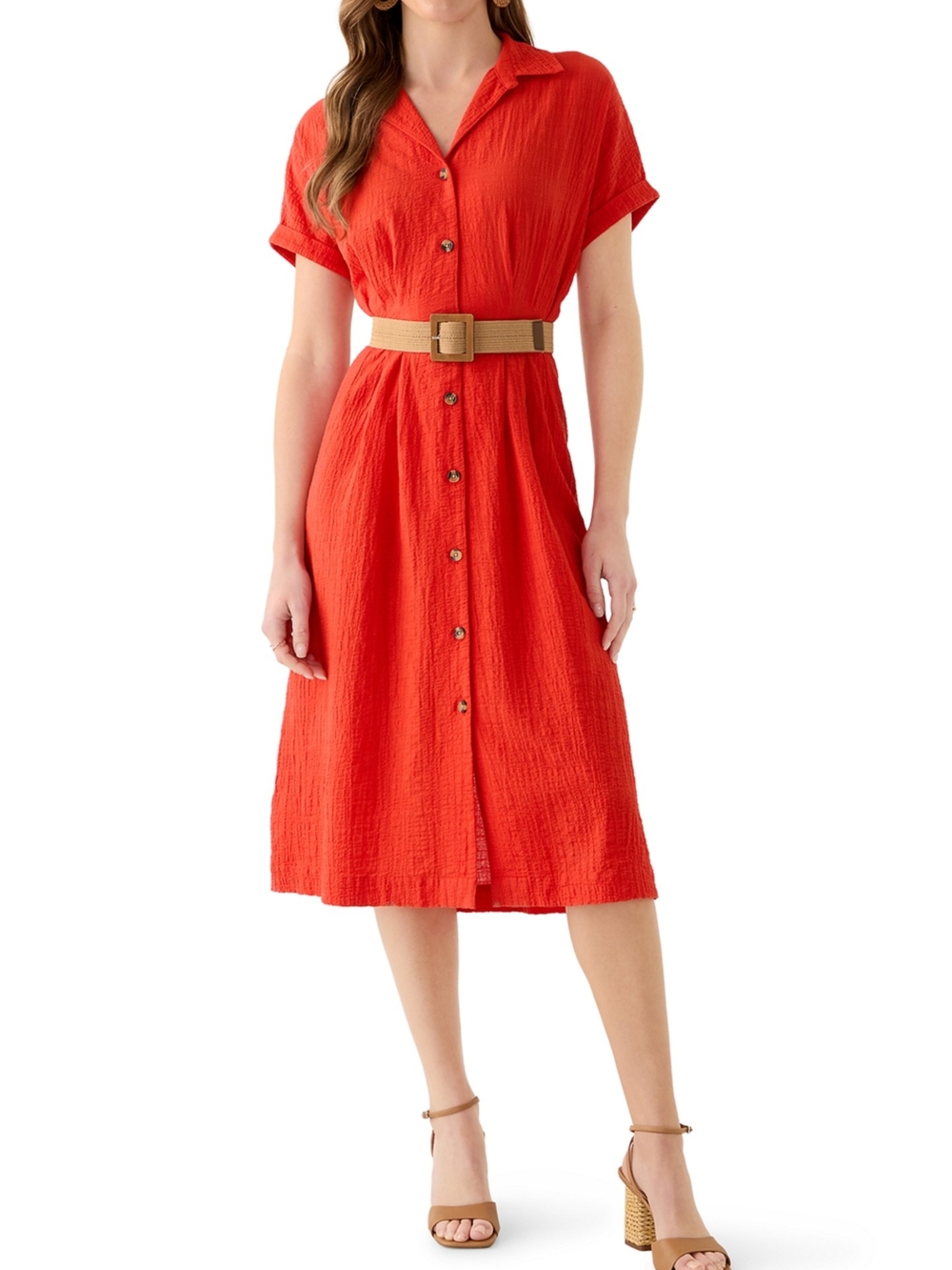 Wonderly Coral-Red (Santa-Fe Red)Button-Front Midi Shirt Dress MED